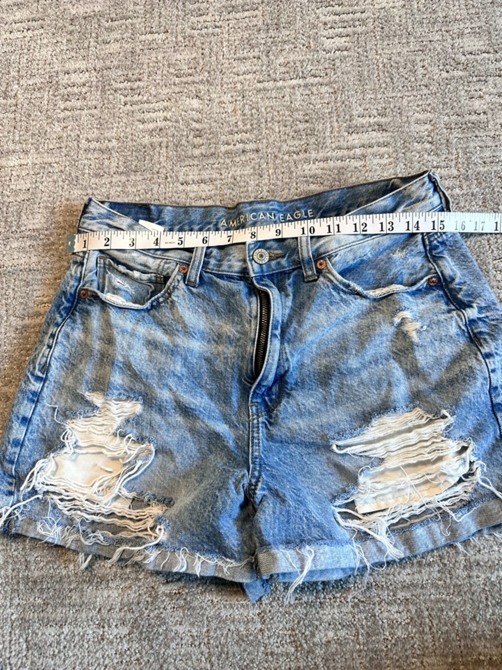 American Eagle High Rise Denim Shorts Size 10 Distressed Frayed Hem Blue - Picture 7 of 9